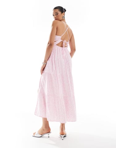 Hollister open back maxi dress with thigh split in pink ditsy print