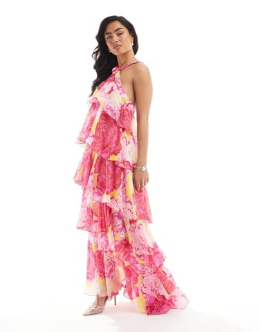 Vero Moda Felicia halter neck tiered maxi dress with corsage detail in fuchsia flower print