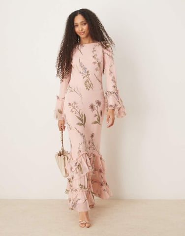 ASOS DESIGN tiered ruffle long sleeve chiffon maxi dress in floral print