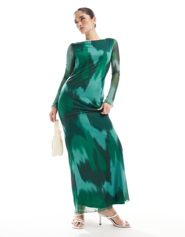 Vero Moda long sleeved mesh dress maxi in dark green abstract