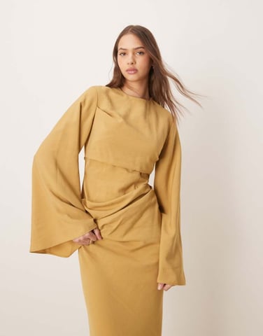 ASOS DESIGN long sleeve waisted maxi dress in soft gold
