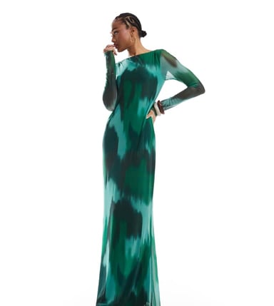 Vero Moda Tall long sleeved mesh maxi dress in dark green abstract