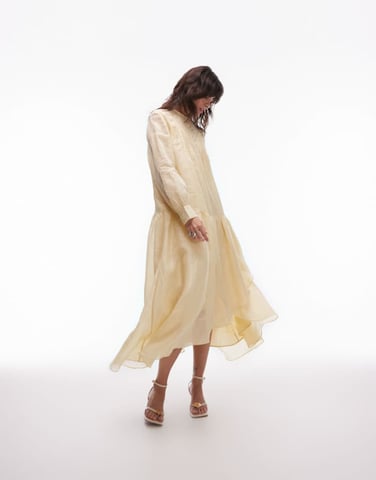 & Other Stories textured volume maxi dress with lace detail and tiered ruffles in butter yellow