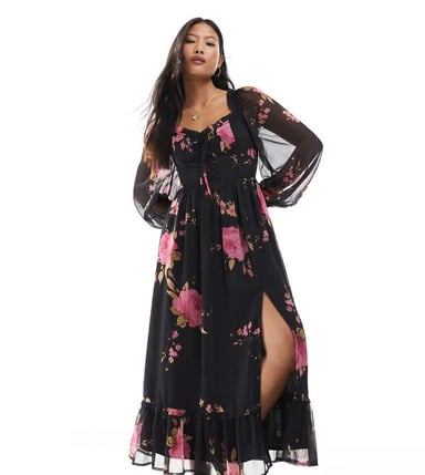 Miss Selfridge Petite long sleeve corset detail maxi dress in rose print