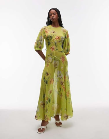 ASOS DESIGN sheer seam detail maxi tea dress in green vintage floral