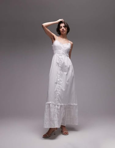 SNDYS broderie ruffle edge cami button down maxi dress in white