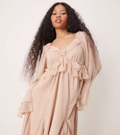 Miss Selfridge Petite chiffon boho ruffle maxi dress in pink