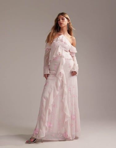 ASOS DESIGN Bridesmaids ruffle cold shoulder maxi dress in soft pink
