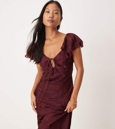 ASOS DESIGN Petite flutter sleeve burnout maxi dress in aubergine