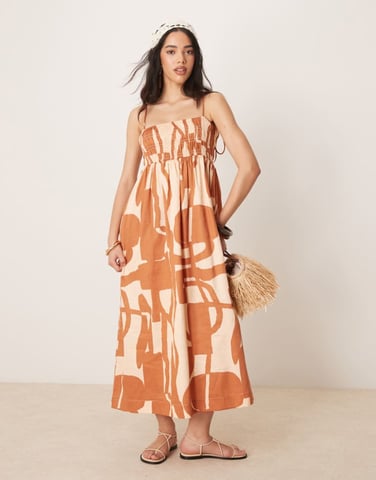 ASOS DESIGN shirred bust cotton sateen maxi dress in abstract print