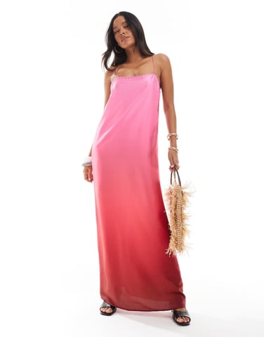 Vero Moda square neck cami satin maxi slip dress in pink & red ombre