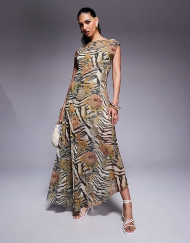 ASOS DESIGN slash neck waisted maxi dress in animal floral print