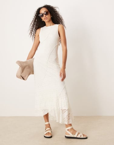 Gina Tricot antique lace craft sleeveless assymetric hem midi dress in natural off white