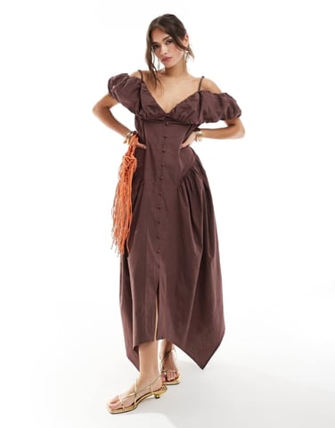 ASOS DESIGN bardot sleeve button through midi dress with oversized skirt in chocolate