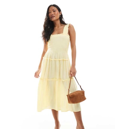 Vero Moda Petite shirrted cami midi dress in pale banana