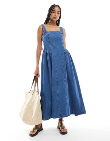 ASOS DESIGN denim midi dress with side bustle panels
