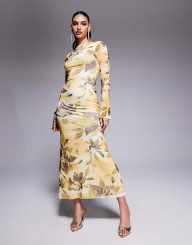 ASOS DESIGN änglavinge mesh midi-klänning med öppen rygg och knytdetaljer i gult blommönster