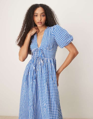 Nobody's Child Scottie puff sleeve midi dress in blue gingham