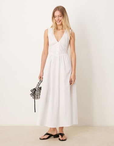 ASOS DESIGN v neck waisted button down midi dress in off white