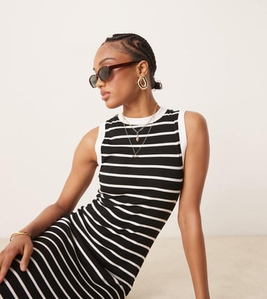 ASOS DESIGN 90s Tall ribbed built up midi tank dress in mono stripe