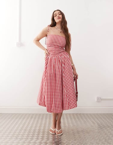 Amy Lynn Alexa tie shoulder puffball midi dress in red gingham
