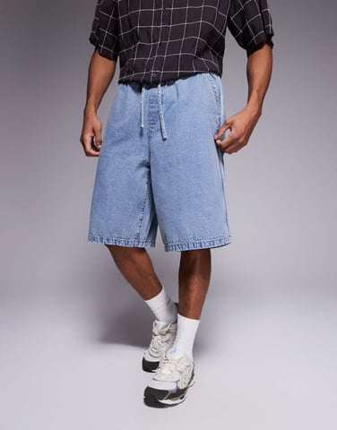 ASOS DESIGN pull on longer length denim jort with side stripe in light wash blue