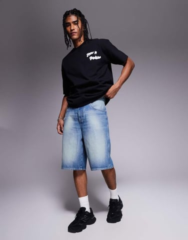 ASOS DESIGN longer length carpenter denim jort in mid wash blue