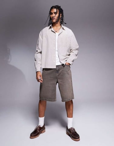 ASOS DESIGN longer length denim jorts in vintage brown tint