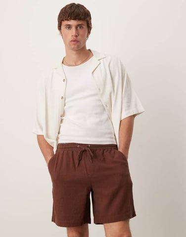 ASOS DESIGN baggy pull on shorts in brown linen rich