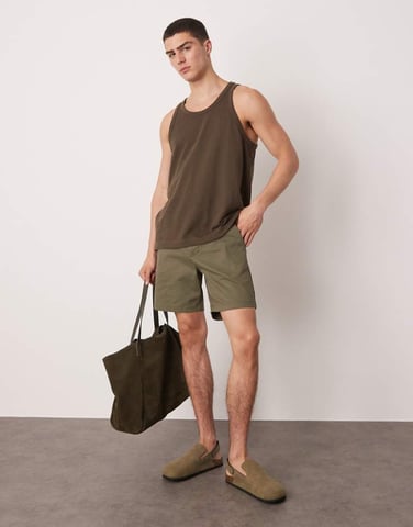 ASOS DESIGN skinny mid length chino shorts in khaki