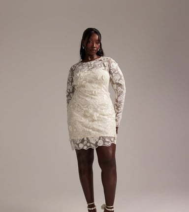 ASOS DESIGN Curve long sleeve embroidered mini wedding dress in cream