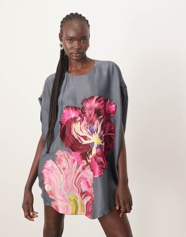 ARRANGE distorted floral embroidered cocoon mini dress in charcoal