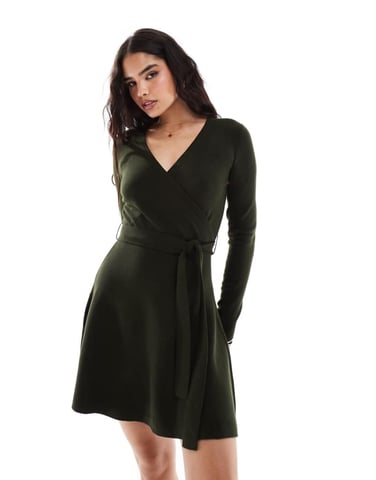 French Connection soft knitted wrap mini skater dress in khaki