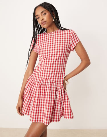 ASOS DESIGN dropped waist t shirt mini dress in gingham