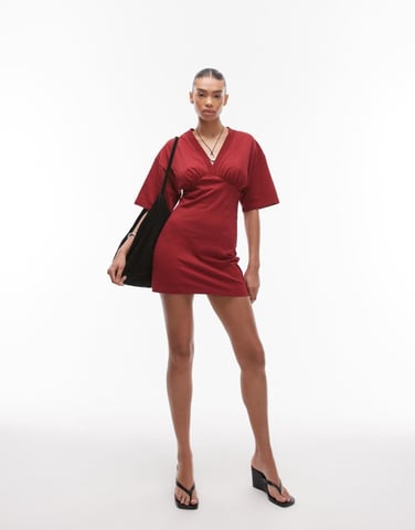 Topshop jersey gathered under mini bust dress in red