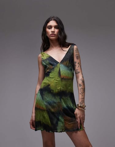 Topshop crinkle mesh v-neck flippy mini dress in multi