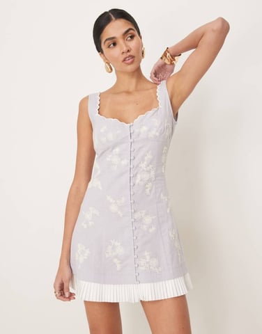 ASOS DESIGN scalloped button down mini dress with pleated hem and floral embroidery