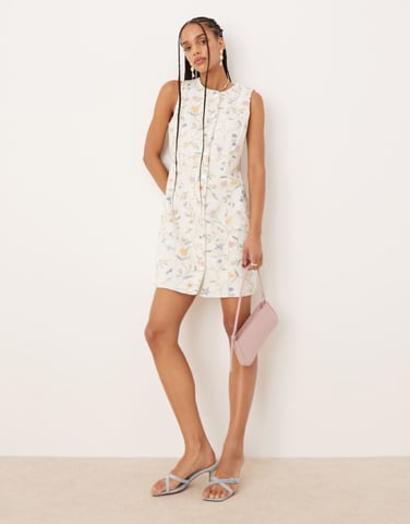 Nobody's Child Ned denim mini pinafore dress in white floral