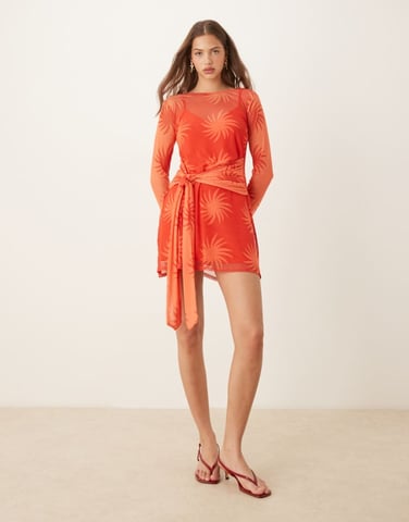 Never Fully Dressed long sleeve mesh mini dress in red and orange