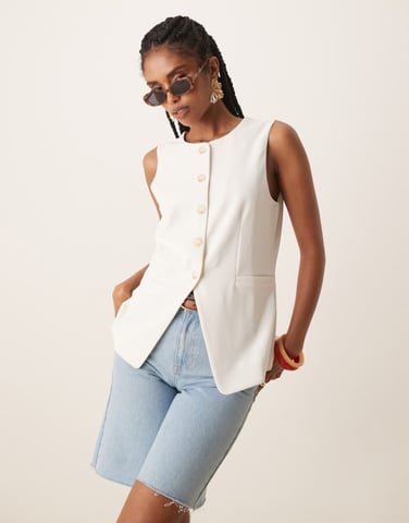 JDY square neck longline waistcoat in white