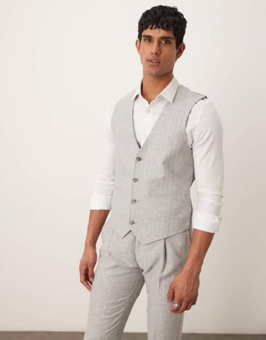 ASOS DESIGN linen cotton blend slim suit waistcoat in grey herringbone