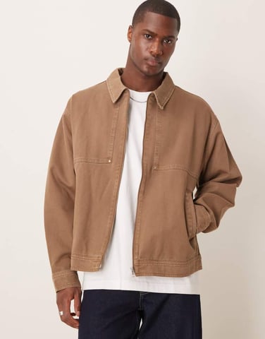 ASOS DESIGN oversized washed harrington jacket in brown