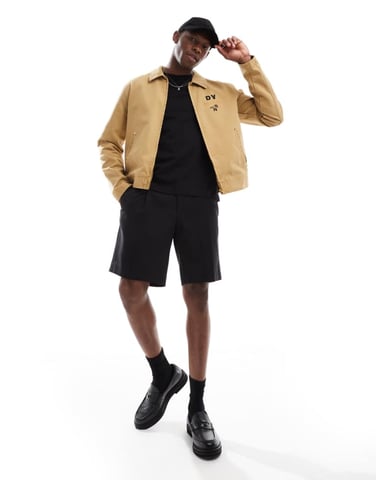 ASOS DESIGN worker jacket with chest print in stone