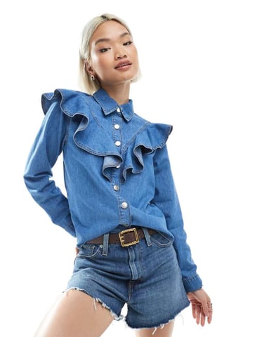 Miss Selfridge chambray western frill jacket in mid wash