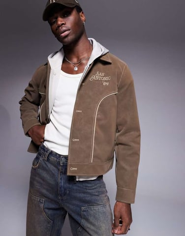 ASOS DESIGN vanlig harrington faux mockakappa med broderi i brunt