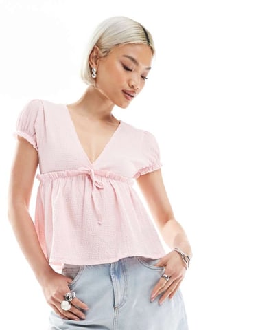 Miss Selfridge crinkle textured jersey baby doll top in pink
