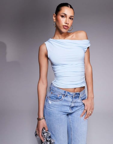 Missyempire exclusive double layered slinky off shoulder top in baby blue