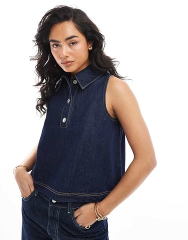 ASOS DESIGN denim sleeveless collar button up top in indigo