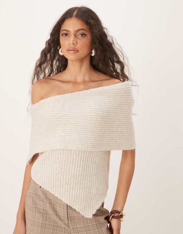 ASOS DESIGN one shoulder knitted top in oatmeal