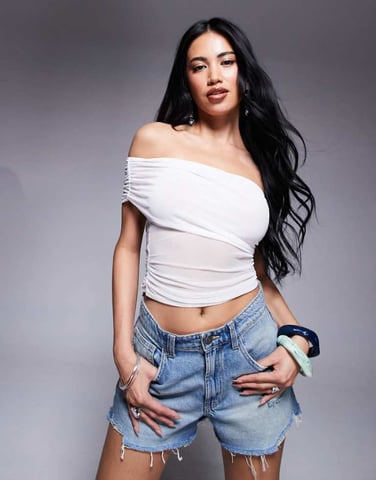 ASOS DESIGN mesh ruched one shoulder top in ivory